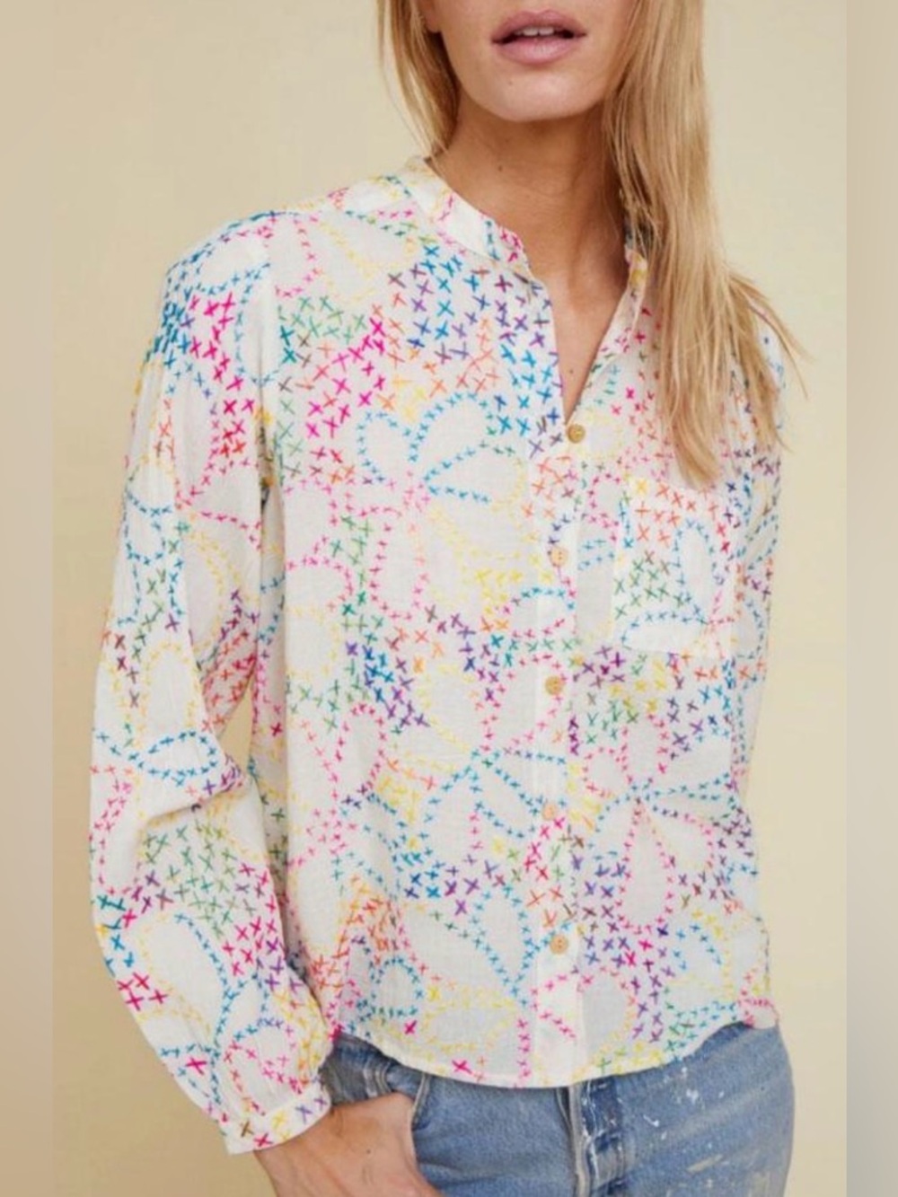 WARM X MADEWELL Phoebe Cotton Voile Cross Stitch Button Up Top